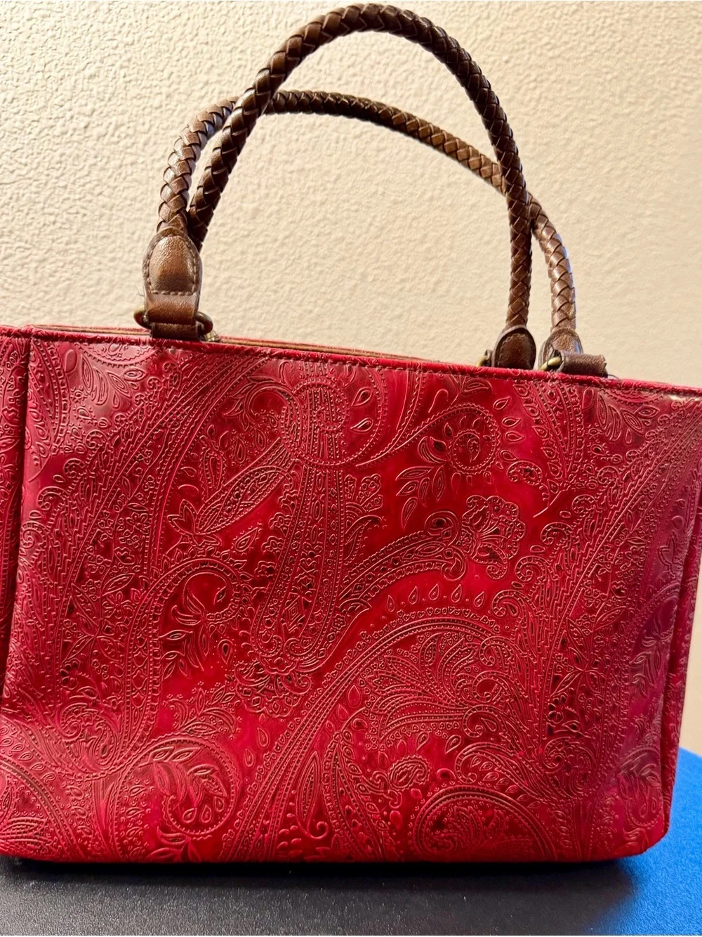 Relic Red Embossed Paisley Tote Handbag with Braided Handles